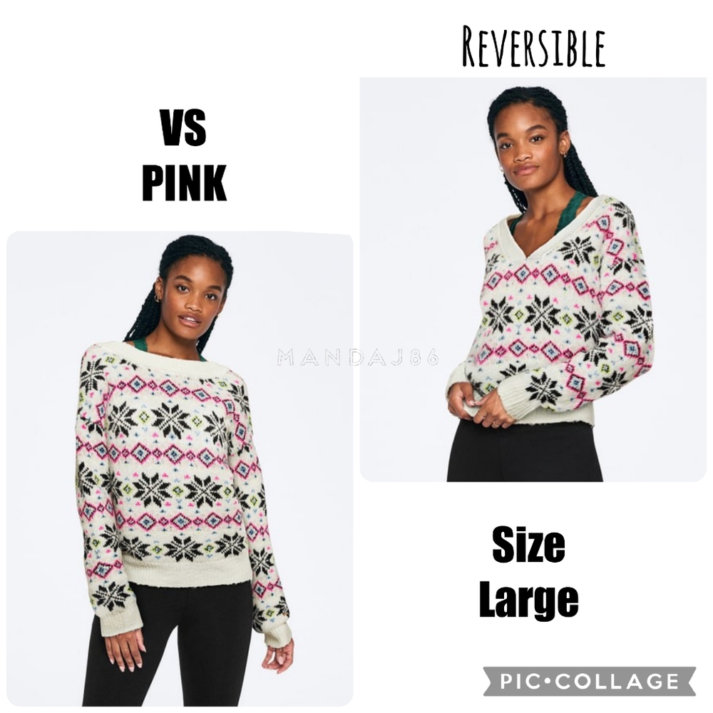 VS PINK White Fair Isle Holiday Snowflake Reversible V-Neck Sweater Large NEW